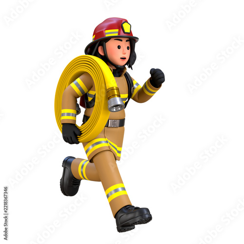 3D Female Firefighter Character Render running with hose