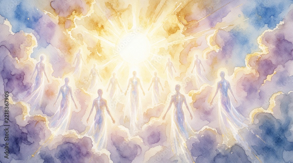 Fototapeta premium Ethereal glowing souls ascend toward bright heavenly light in watercolor sky. Translucent human spirits float upward through soft clouds toward divine sun. Spiritual afterlife journey shows souls