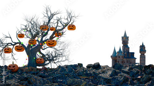 3D Halloween Scene with Spooky Tree Hung with Jack-o-Lanterns and Gothic Castle on White Background 3d render illustration