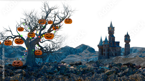 3D Halloween Scene with Spooky Tree Hung with Jack-o-Lanterns and Gothic Castle on White Background 3d render illustration