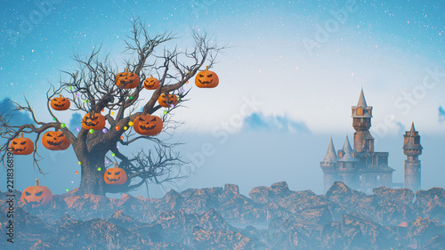 Halloween Landscape with Dead Tree Hung with Jack-o-Lanterns and Gothic Castle in Foggy Blue Sky  3d render illustration