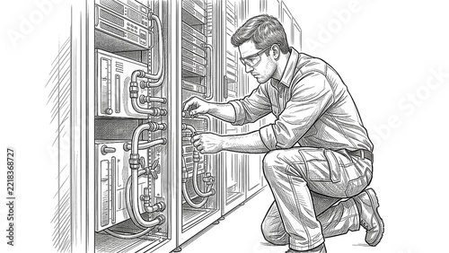 Data center technician inspecting cooling equipment