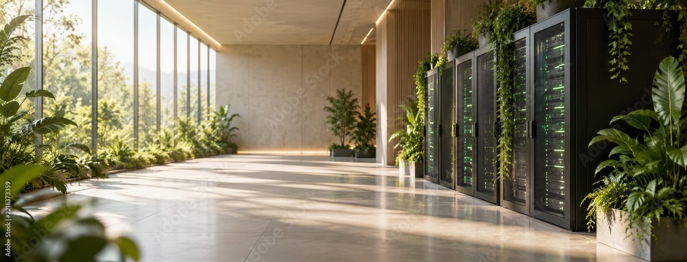 Naklejka premium Modern sustainable data center with green indoor plants and sunlight in office eco friendly data center design featuring server racks and indoor greenery
