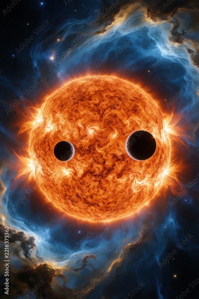 Fototapeta premium Glowing orange sun shines in dark space. Two dark planets transit across fiery star surface. Colorful nebula clouds surround bright cosmic sphere. Vibrant galaxy background shows swirling gas,