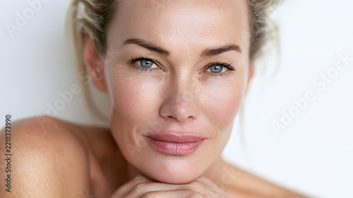 attractive, gorgeous, mature, older woman looking at camera, isolated on white background, advertising skincare spa treatment, mid-age tightening face skin care rejuvenation cosmetics concept, portrai