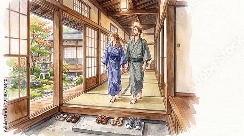 Watercolor illustration of tourists entering a traditional Japanese ryokan