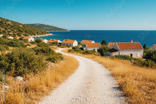 Scenic view of small stone houses with red roofs along blue Adriatic sea. Winding gravel path leads through dry hills, green bushes toward coastal village. Mediterranean landscape features sunny