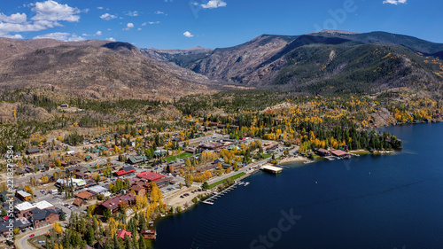 Aerial View of the Tourist Mountain Town of Grand Lake, Colorado during Autumn
