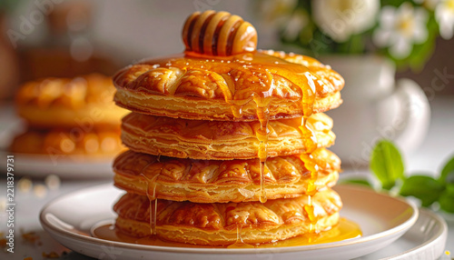 Stack of golden flaky pastries with dripping honey and wooden dipper