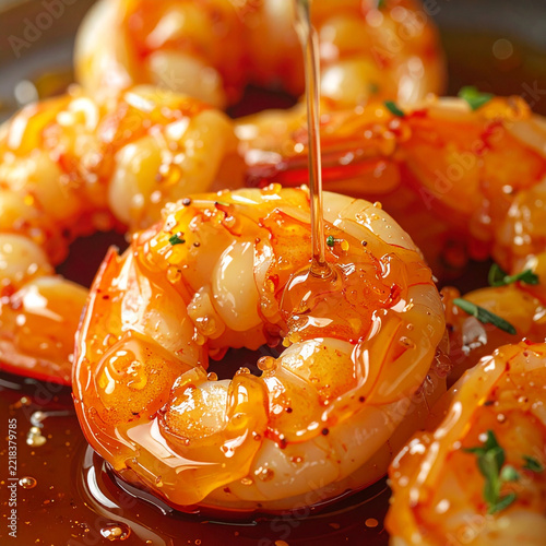 Glazed cooked shrimp drizzled with sweet honey sauce macro view