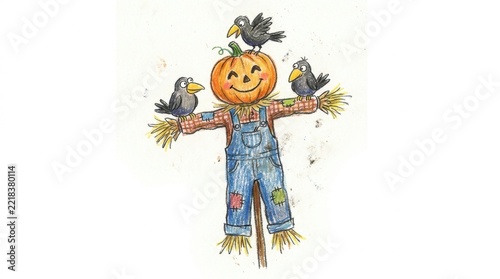 Childish scarecrow and birds set isolated on plain white background