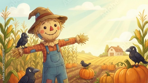 Cute cartoon scarecrow stands smiling cheerfully in sunny harvest field