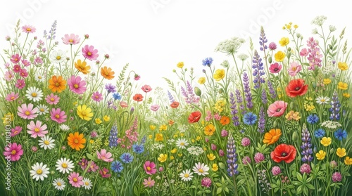 Watercolor illustration of a vibrant wildflower meadow with various colorful flowers isolated on white background