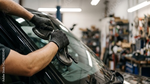 Auto mechanic installing car windshield with suction cups