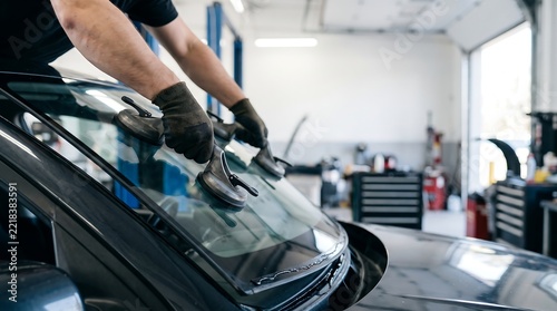 Auto mechanic installing a car windshield using suction cups