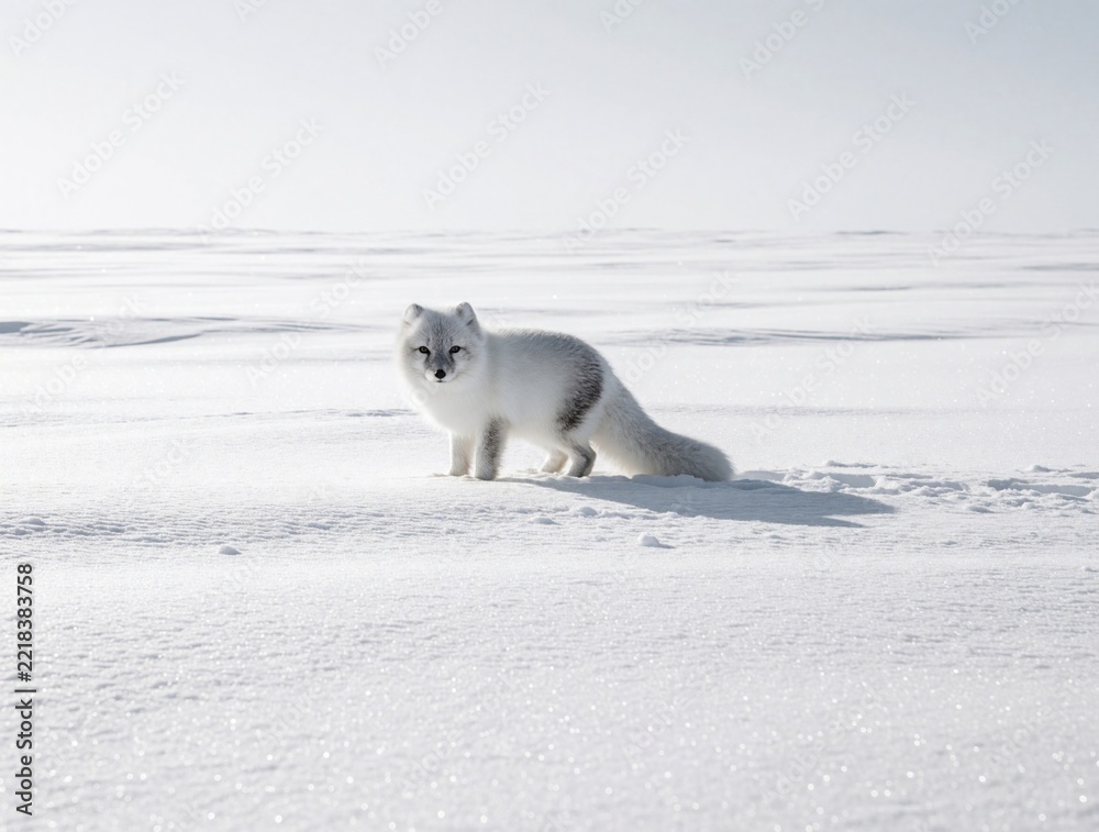 Fototapeta premium White arctic fox stands in vast snowy field. Small wild predator camouflaged in winter landscape. Furry animal looks at camera on frozen arctic tundra. Cold wilderness nature scene with clean white