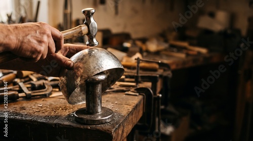Craftsman hammering metal bowl in workshop