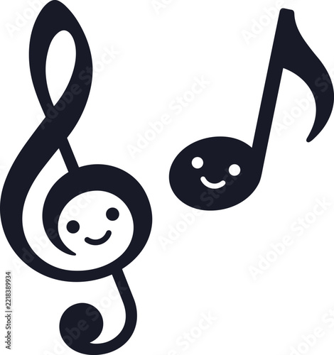 Cute smiling musical note and a cute smiling treble clef, flat vector illustration isolated on white background