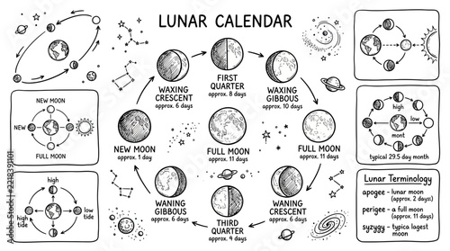 Hand-drawn Lunar Calendar and Moon Phases