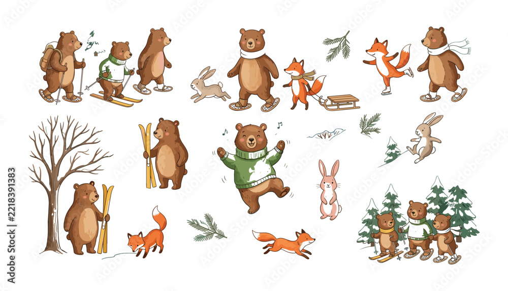 Fototapeta premium PrintCute winter forest animals vector set with bears foxes and rabbits skiing sledding and ice skating