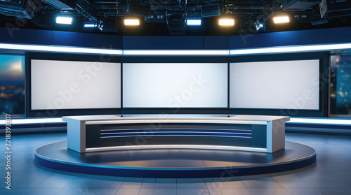 Modern news studio interior with curved desk, blank screens and ceiling lights