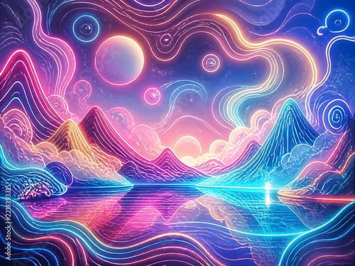 surreal fantasy pastel doodle Bright neon line designed background