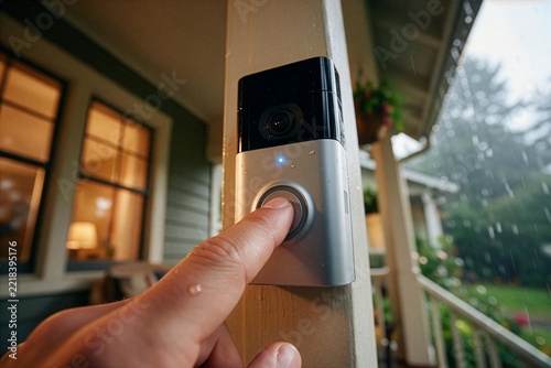 Hand pressing smart doorbell in the rain