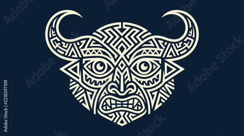 Tribal Horned Mask Graphic Illustration with Geometric Patterns