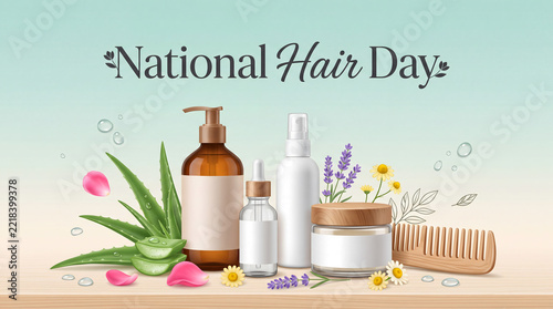  Fresh National Hair Day vector design with blank hair care bottles, leaves and water drops — ideal for beauty banners, posters and promotions.