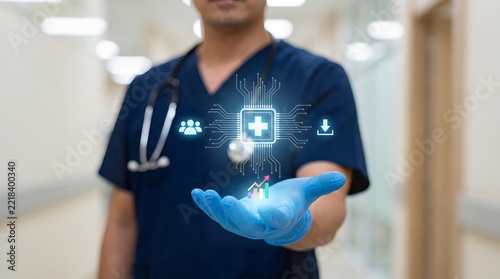 Healthcare professional holding futuristic medical technology interface concept in hospital