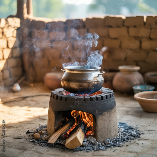 A scene of cooking on an earthen stove in a rural setting