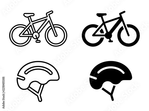 Set of bicycle and protective safety helmet icons in outline and solid