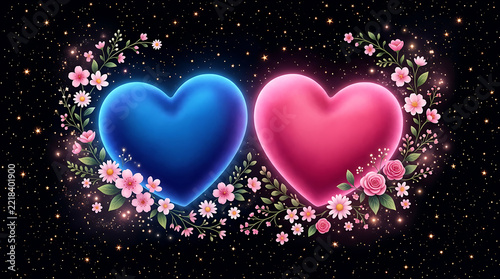 Two intertwined hearts with floral decoration against a starry space background