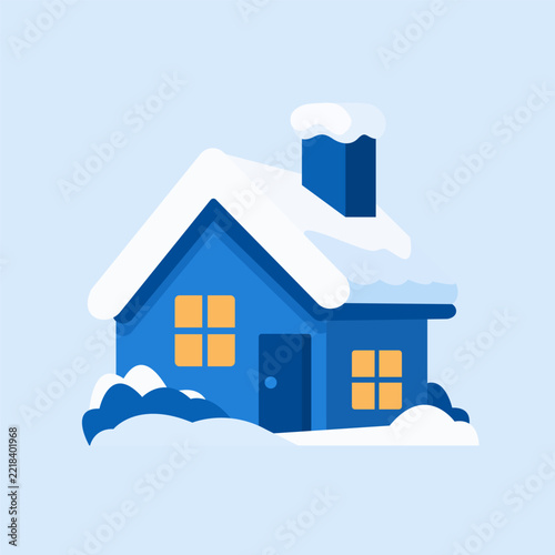 Snow Covered Winter House, Cozy Christmas Cottage with Snow Vector Illustration