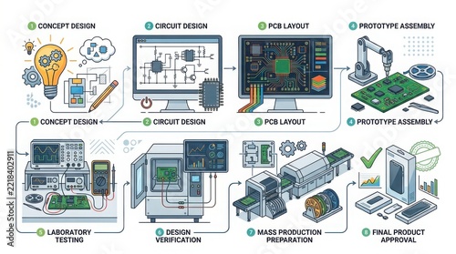 Electronic product development process infographic showing circuit