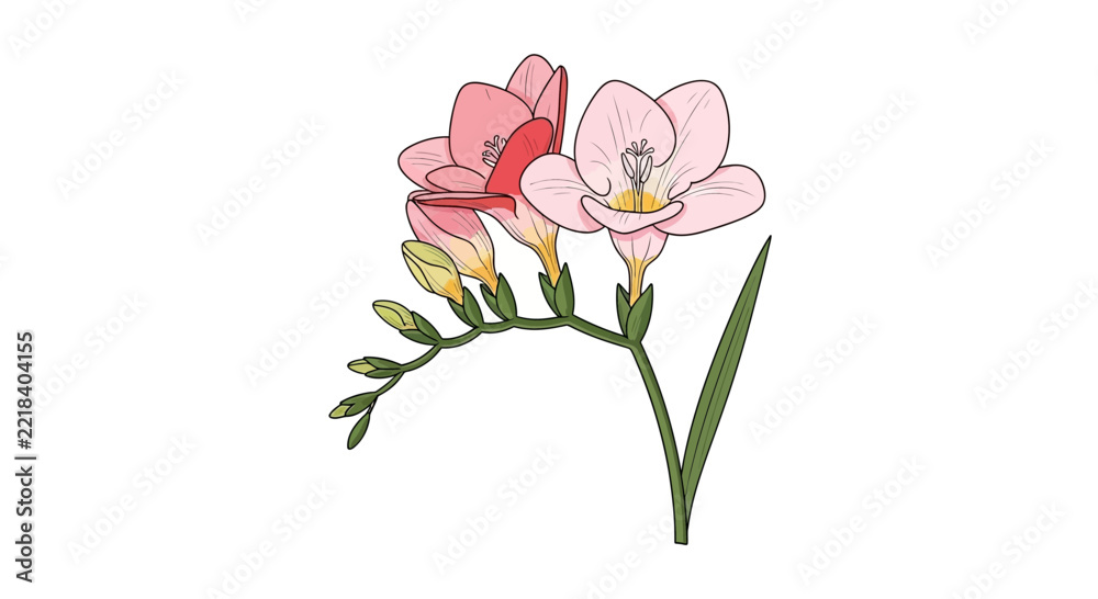 Fototapeta premium Elegant hand drawn pink freesia flower botanical illustration with blooming petals and green stem isolated on white background for design