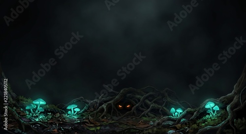 Creepy Glowing Monster Eyes Hidden in Tangled Dark Forest Branches