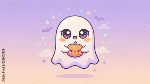 Kawaii Halloween Ghost Holding Tiny Pumpkin Pastel Background Illustration

