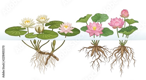 Botanical Scientific Illustration of Water Lily and Nelumbo Root Systems