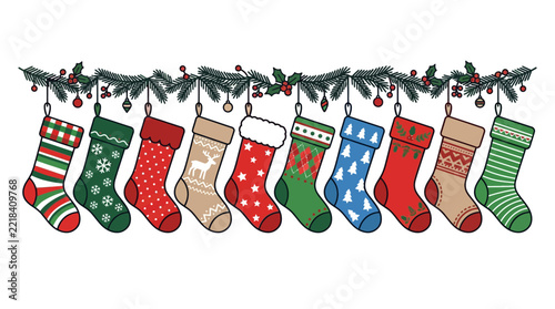 Colorful Christmas Stockings Garland Isolated