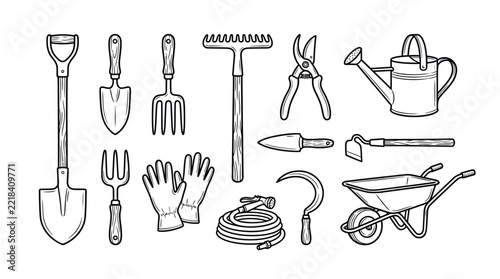 Garden Tools Collection Isolated Line Art