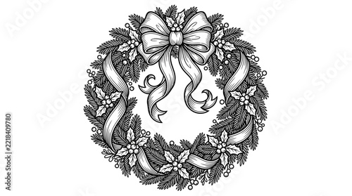 Hand-drawn Christmas wreath with bow and berries, isolated