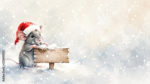 Watercolor christmas mouse in santa hat with snowy wooden sign on pastel background. holiday greeting card, winter celebration, cute animal illustration, festive season design copy space