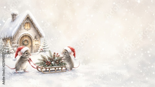 Watercolor christmas mice with sled, cute winter scene with santa hats, snowy cottage, festive decor. holiday card background, whimsical animal illustration, new year celebration copy space