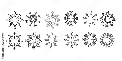 Snowflake icon set. Snow sign. Snowflake winter symbol. Snowflakes black icons. Christmas background. Winter icon. Snowflake flat collection. Frozen food product label packaging. Vector Illustration.