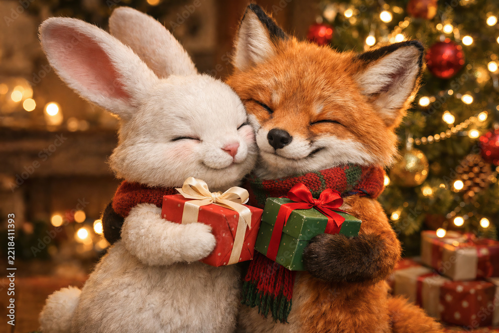 Fototapeta premium Cute rabbit and fox hugging with christmas gift boxes near decorated tree with lights. Adorable animal friends in knitted scarves celebrating winter holiday