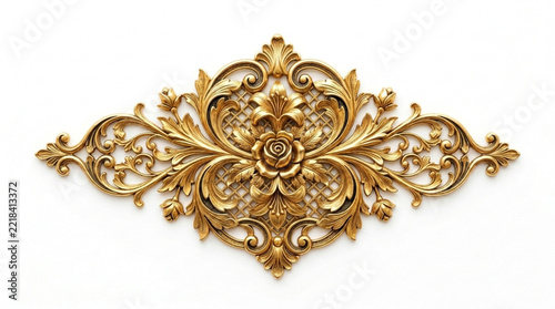 Ornate Gold Floral Scrollwork Ornament with Rose Detail Elegant Decorative Element Isolated on White