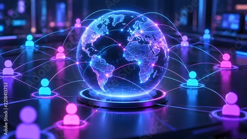 Glowing Holographic Earth Globe Connected To Neon Pink And Blue User Avatars Representing Global Social Network And Communication