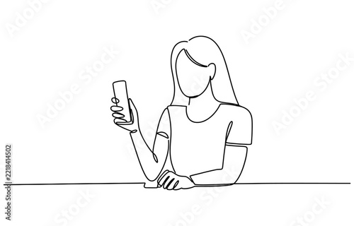 Continuous single line drawing of a young woman looking at her mobile phone