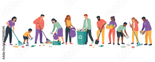 Diverse group of volunteers cleaning park from litter and waste.